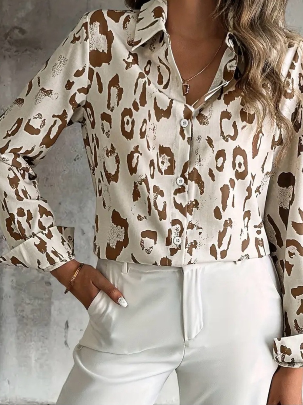 Women’s Button-Front Leopard Print Blouse - Beige/Brown